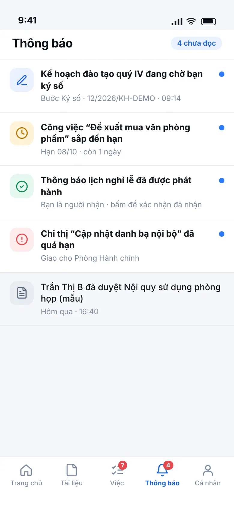 Bản thiết kế ứng dụng di động E-Tech DMS: màn hình Thông báo với việc chờ ký và công việc sắp đến hạn