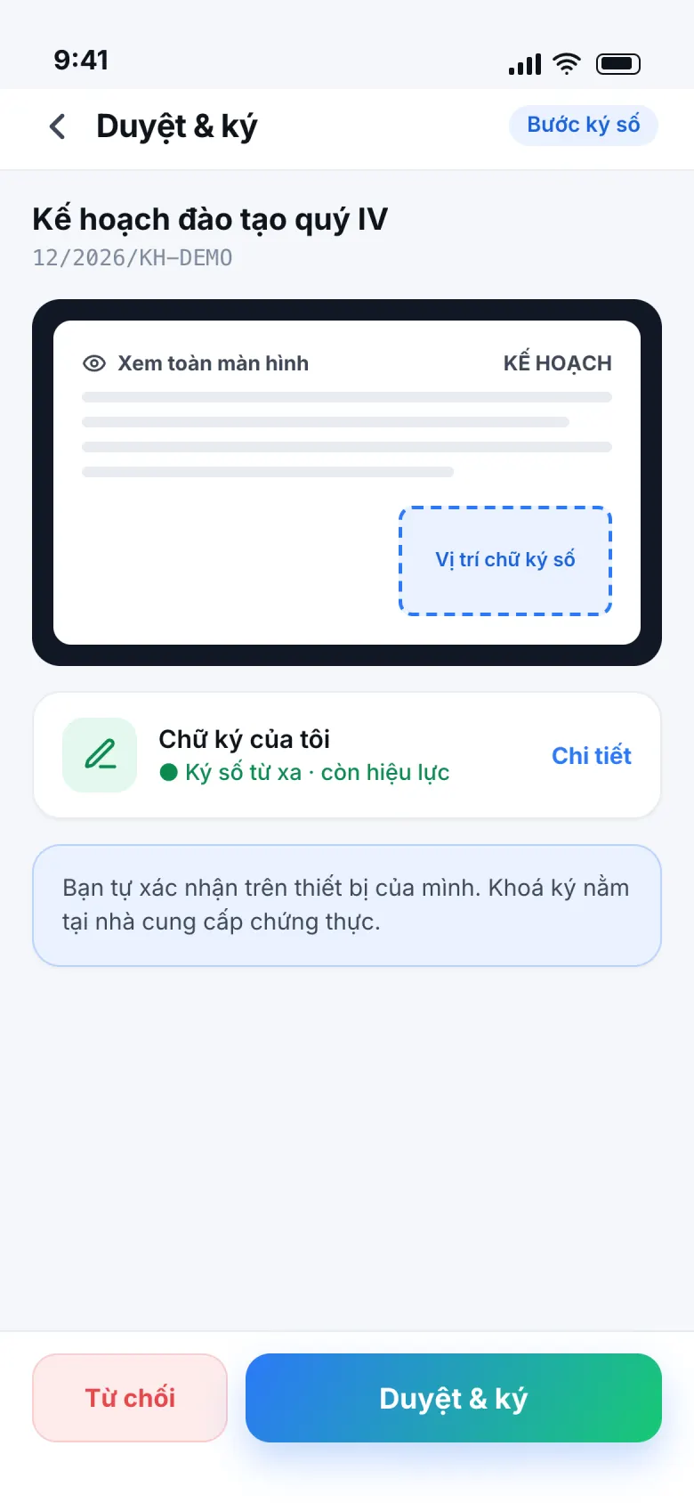 Bản thiết kế ứng dụng di động E-Tech DMS: màn hình Duyệt và ký với vùng chữ ký và nút Duyệt và ký